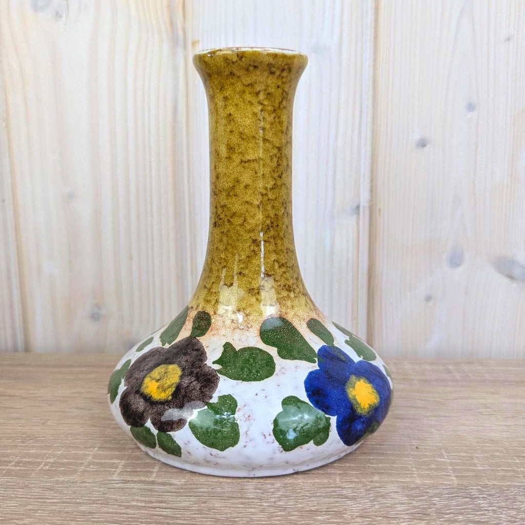 Marei Keramik Vase 9101, West German Pottery, Pansy Floral Decor, Olive Glaze, Mid Century, 1960s