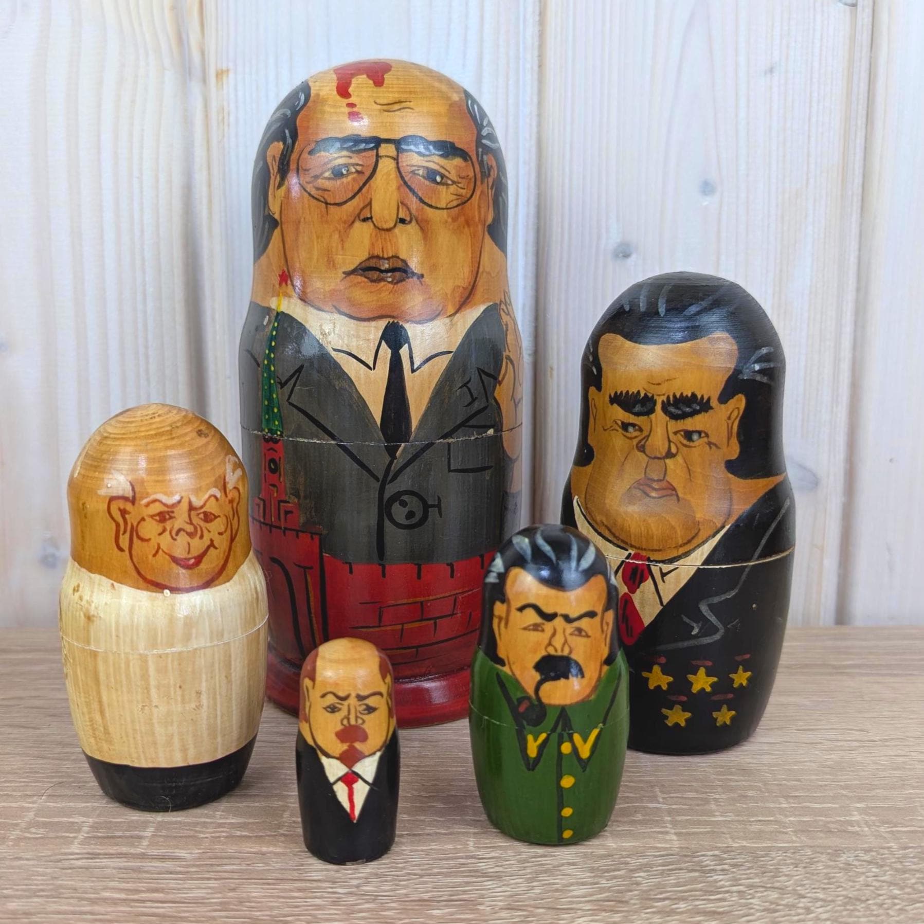 Russian Nesting Doll, Soviet Leaders Matryoshka Set of 5, Gorbachev Brezhnev Khrushchev Stalin Lenin, 1990s