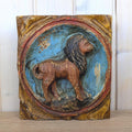 Zodiac Plaque Leo, Hand Carved Wood , Polychrome Relief Wall Panel, Folk Art, Lion Sign, 1960s