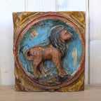 Zodiac Plaque Leo, Hand Carved Wood , Polychrome Relief Wall Panel, Folk Art, Lion Sign, 1960s