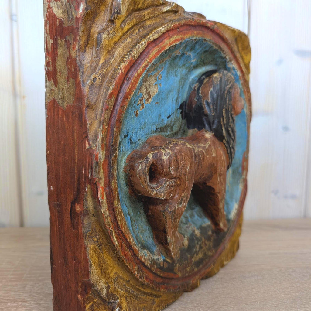 Zodiac Plaque Leo, Hand Carved Wood , Polychrome Relief Wall Panel, Folk Art, Lion Sign, 1960s