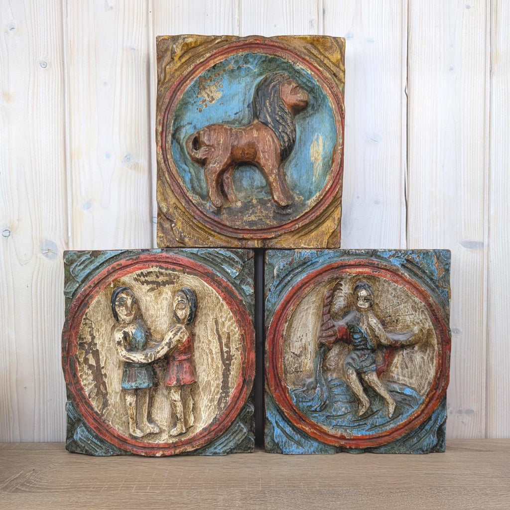 Zodiac Plaque Leo, Hand Carved Wood , Polychrome Relief Wall Panel, Folk Art, Lion Sign, 1960s