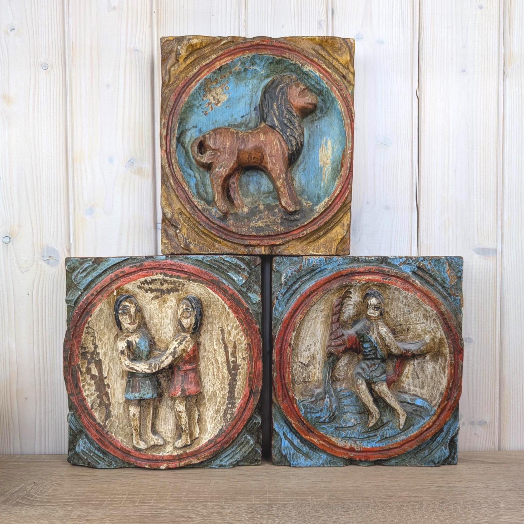 Zodiac Plaque Leo, Hand Carved Wood , Polychrome Relief Wall Panel, Folk Art, Lion Sign, 1960s