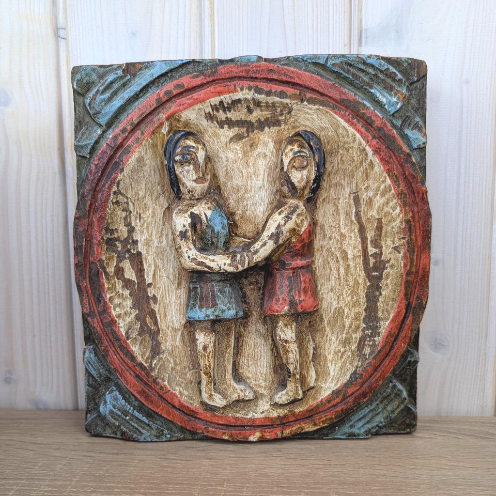 Zodiac Plaque Gemini, Hand Carved Wood, Polychrome Relief Wall Panel, Folk Art, Twins Sign, 1960s