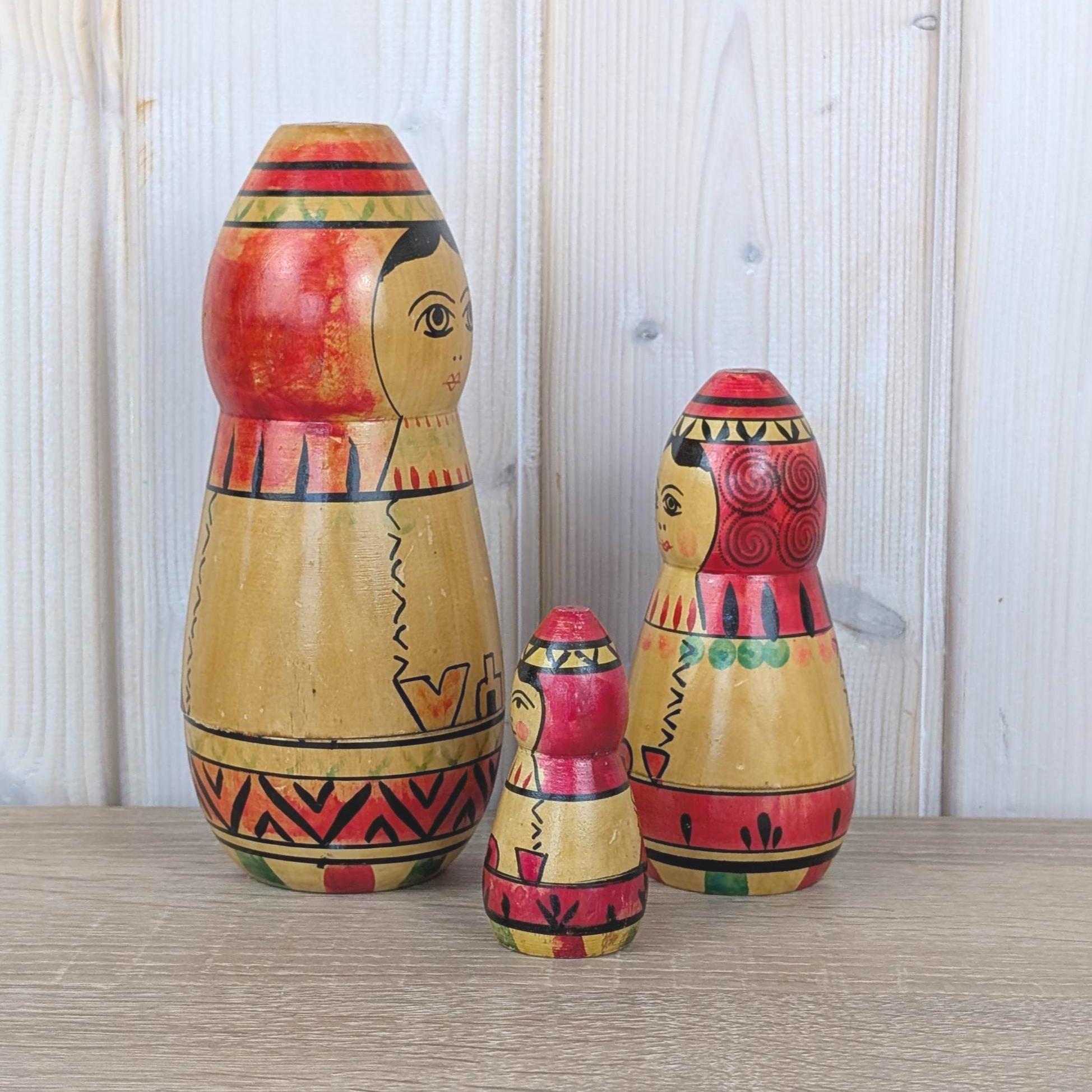 Russian Matryoshka Nesting Doll Set of 3, Made in USSR, Geometric Folk Art, Torpedo Shape, 1970s