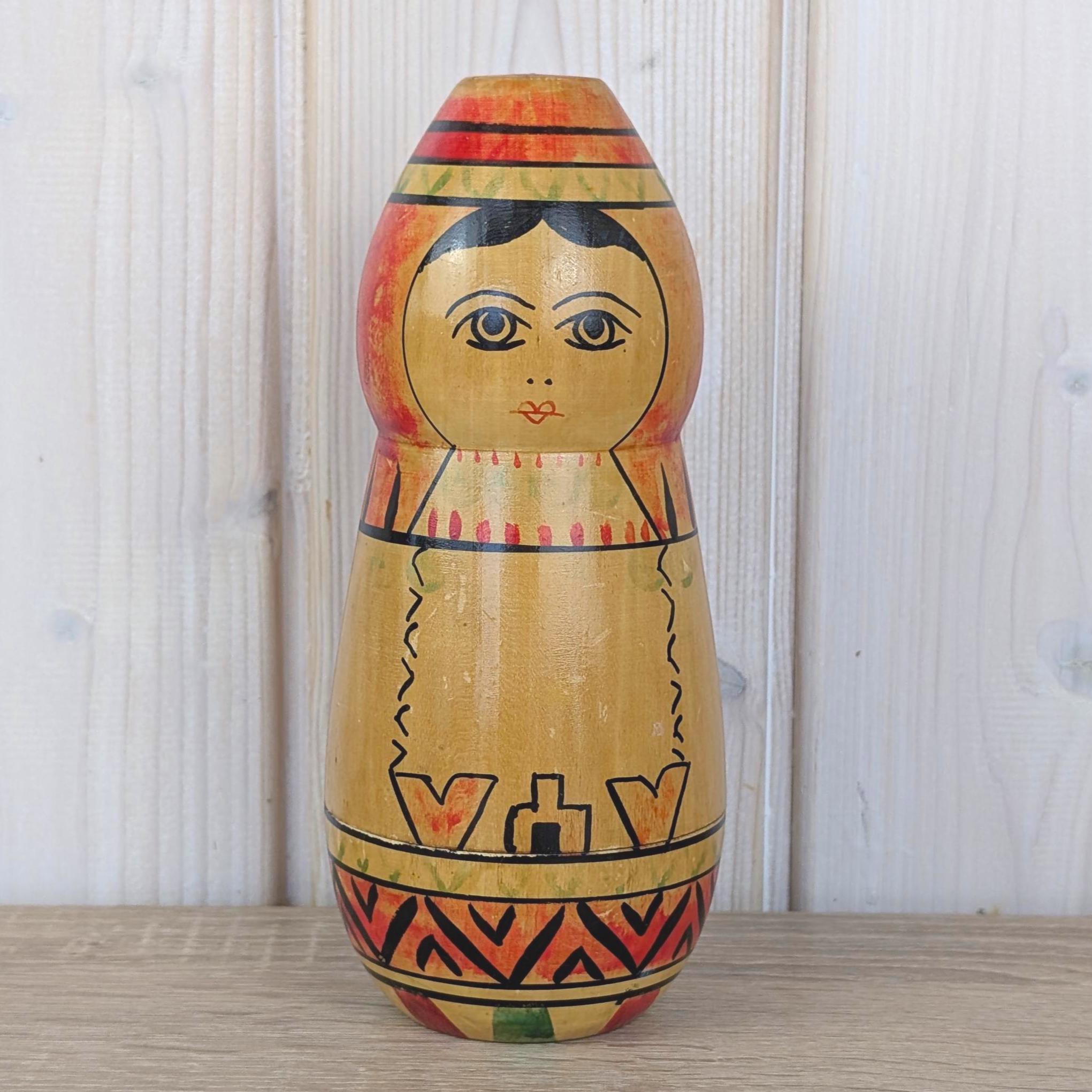 Russian Matryoshka Nesting Doll Set of 3, Made in USSR, Geometric Folk Art, Torpedo Shape, 1970s