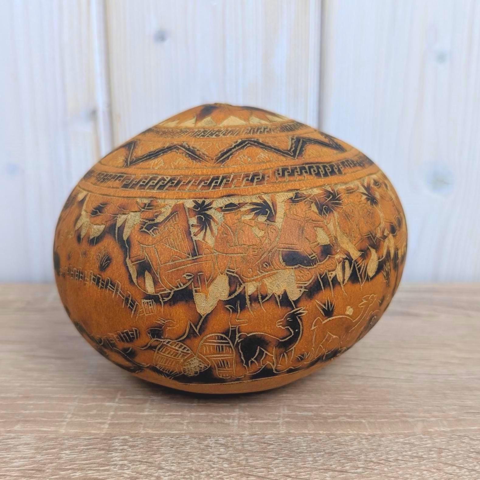 Peruvian Carved Gourd Mate Burilado, Andean Folk Art, Alpaca Village Scene, Geometric, 1970s