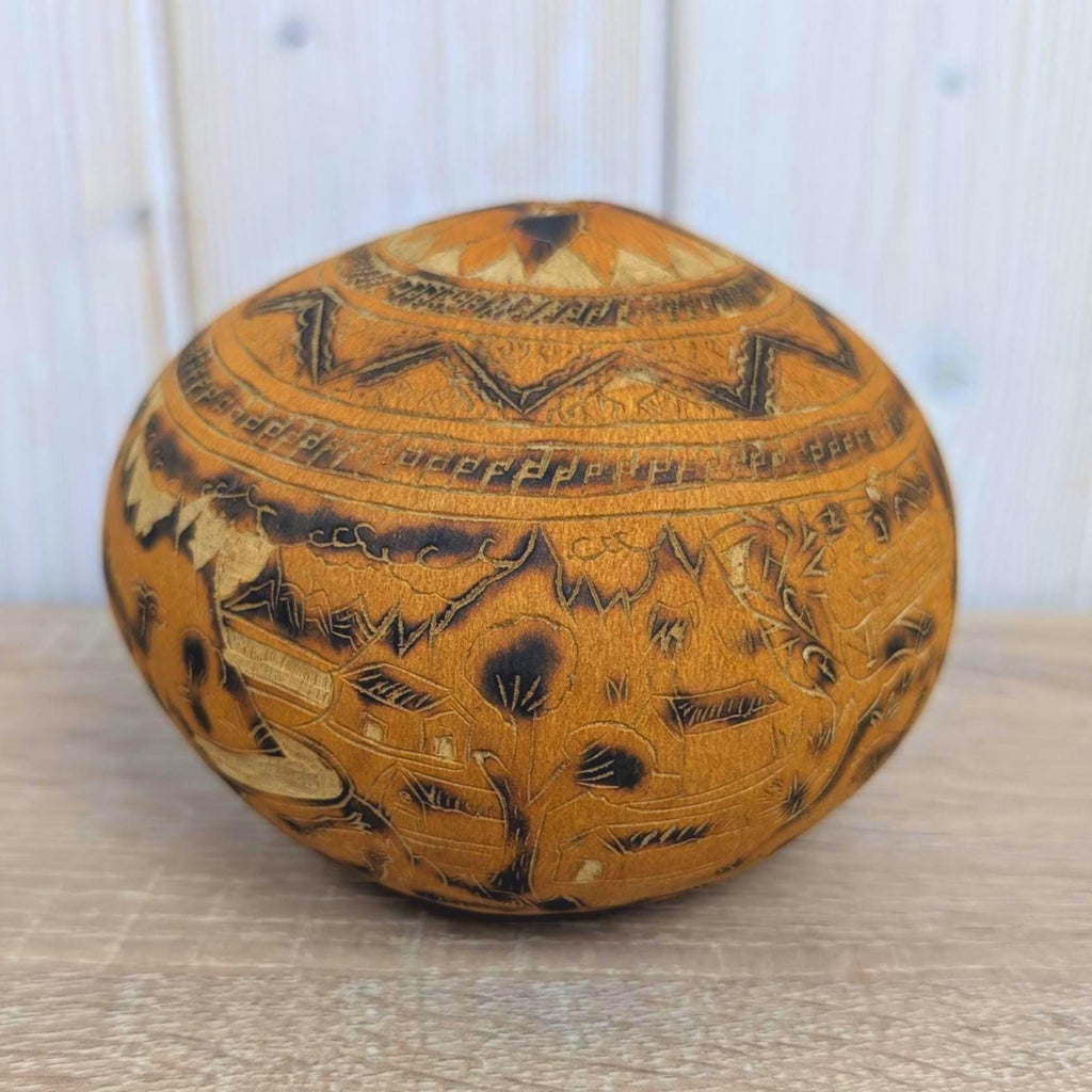 Peruvian Carved Gourd Mate Burilado, Andean Folk Art, Alpaca Village Scene, Geometric, 1970s