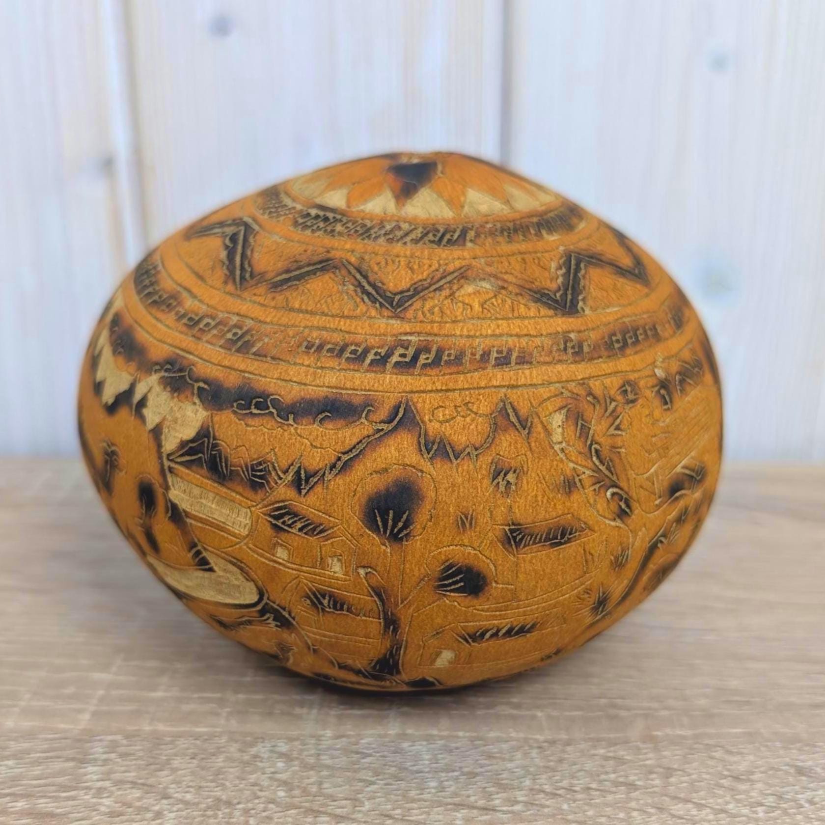 Peruvian Carved Gourd Mate Burilado, Andean Folk Art, Alpaca Village Scene, Geometric, 1970s