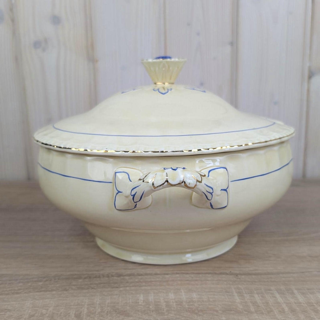 Grindley England Soup Tureen, Cream Earthenware, Blue Floral and Gold Trim, Staffordshire, circa 19361954