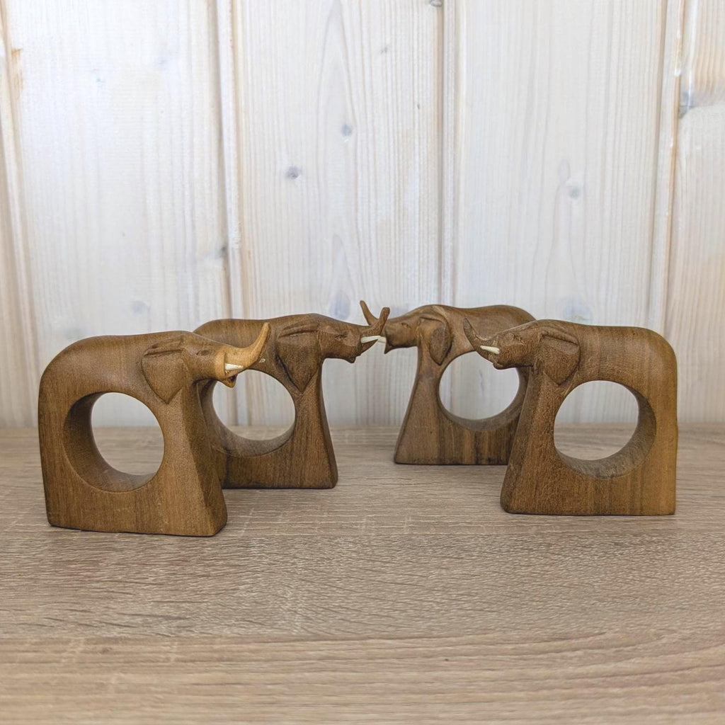 Napkin Rings Set of 4, Elephant Hand Carved Wood, African Folk Art, Boho Table Decor, 1970s