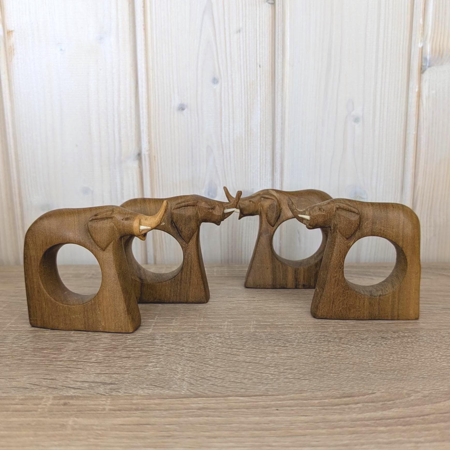 Napkin Rings Set of 4, Elephant Hand Carved Wood, African Folk Art, Boho Table Decor, 1970s