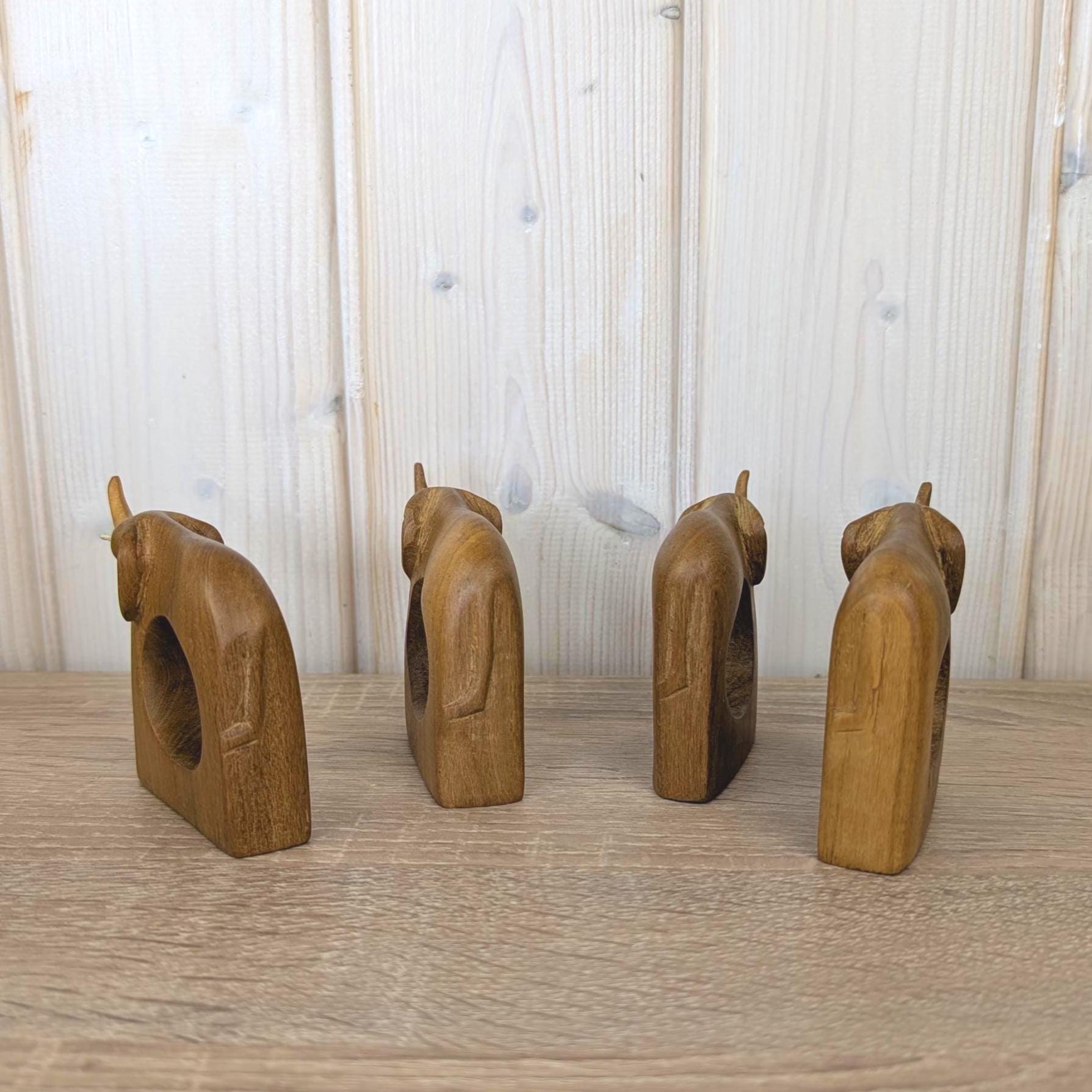 Napkin Rings Set of 4, Elephant Hand Carved Wood, African Folk Art, Boho Table Decor, 1970s