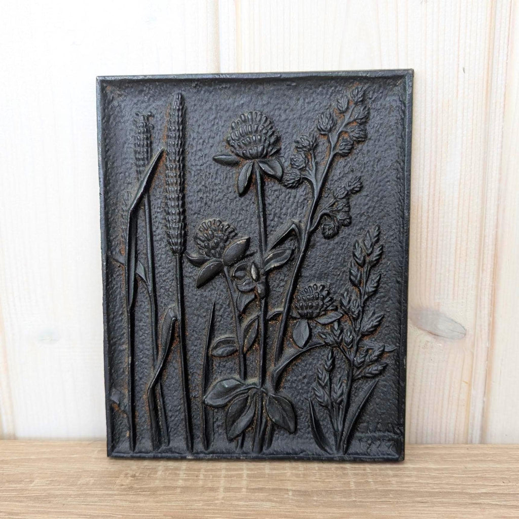 Cast Iron Wall Plaques Set of 3, Botanical Relief, Signed Klaas 1977, Sunflower Wheat Wildflower, Rustic Wall Decor