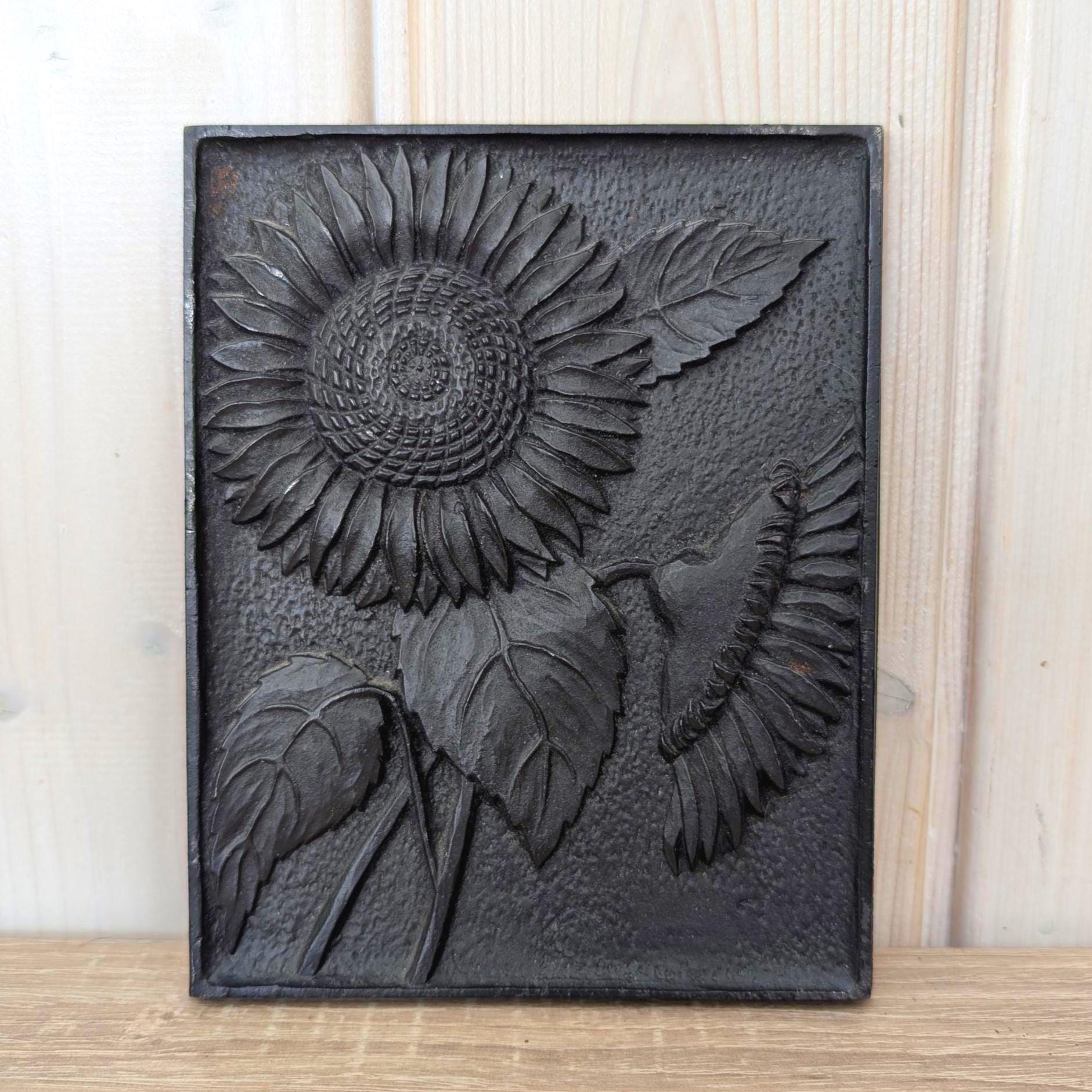 Cast Iron Wall Plaques Set of 3, Botanical Relief, Signed Klaas 1977, Sunflower Wheat Wildflower, Rustic Wall Decor