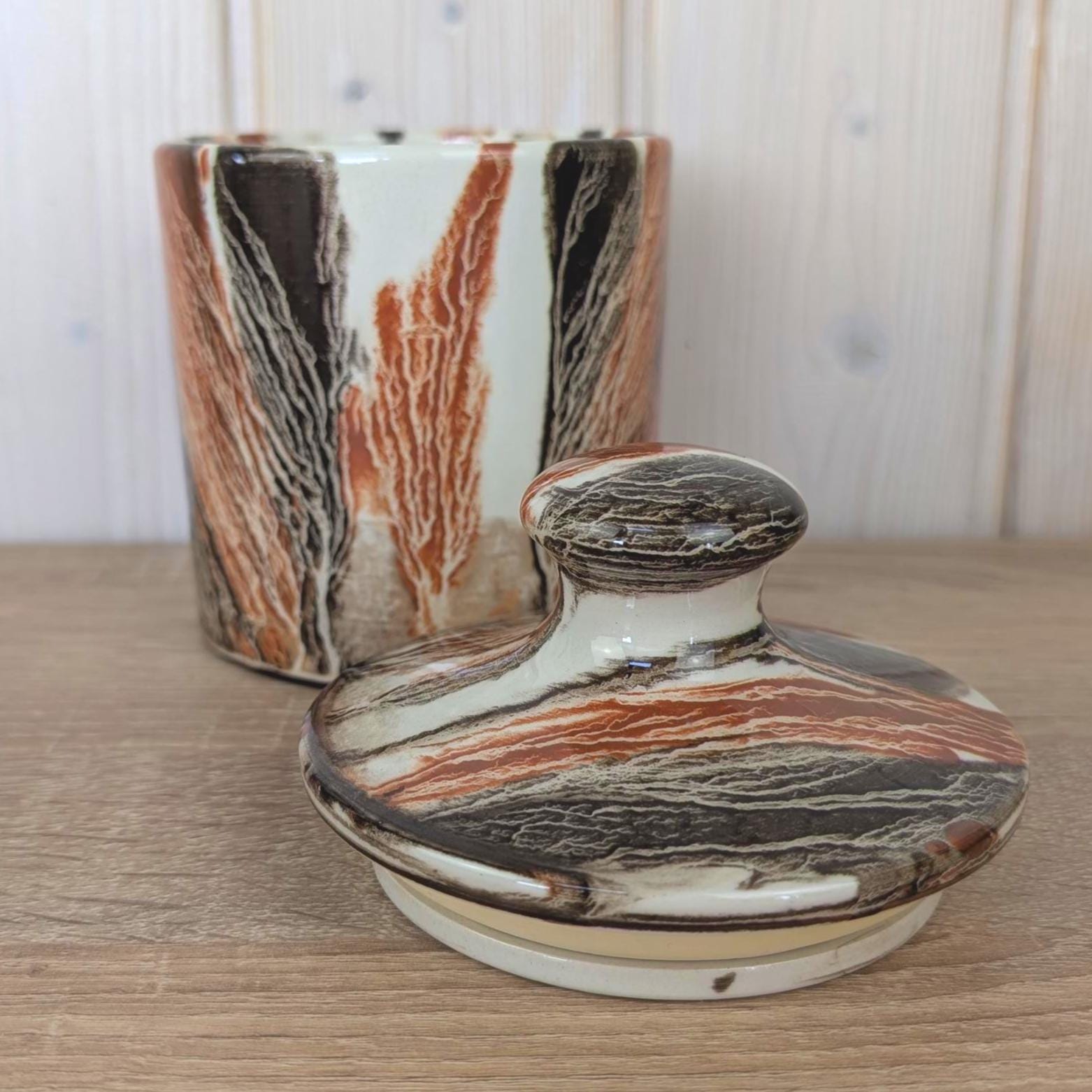 SC3 Italy Ceramic Lidded Jar, Marbled Agateware Glaze, Italian Studio Pottery, Tobacco Jar, 1960s