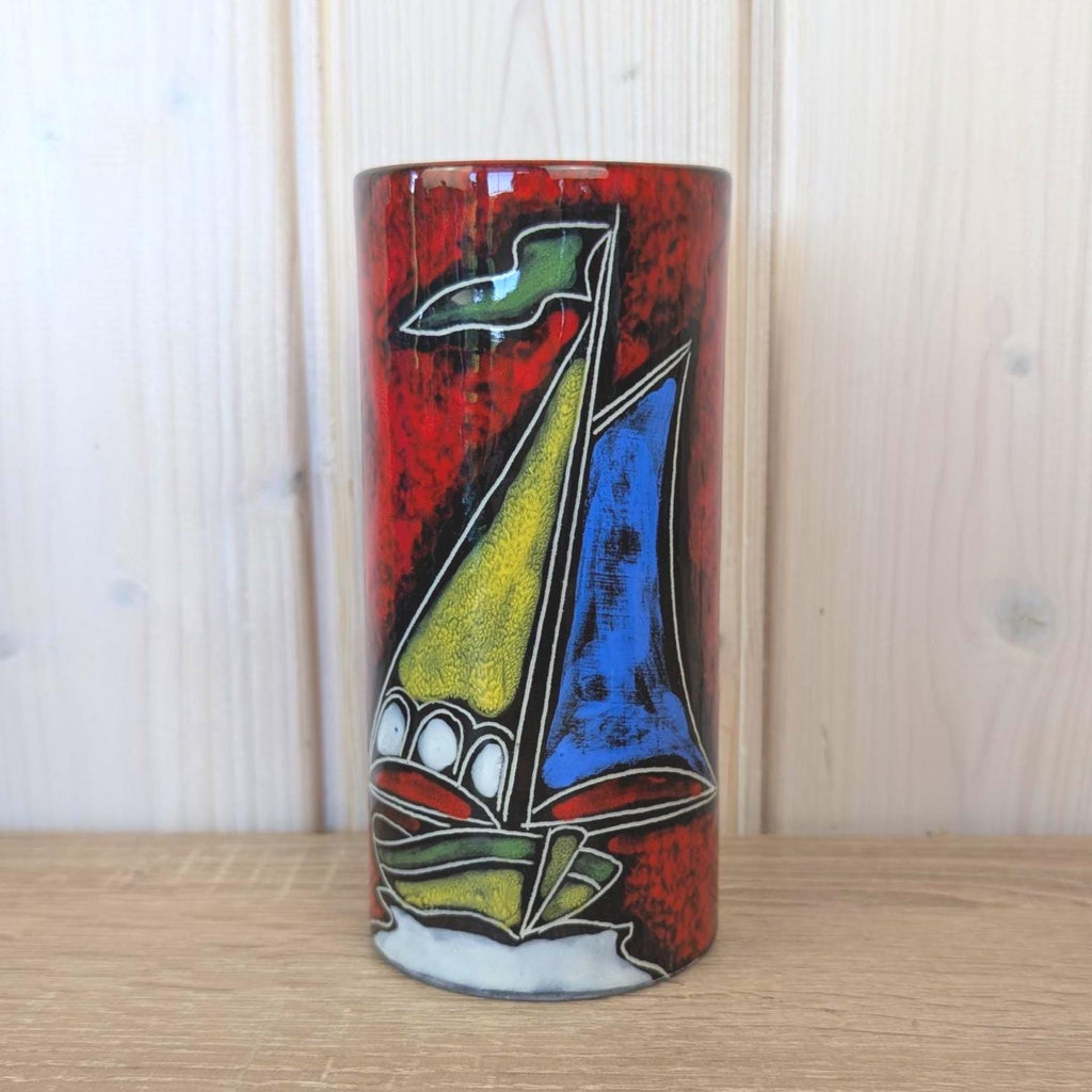 Maltese hand painted ceramic vase, sailboat motif, 1960s, choose blue or red