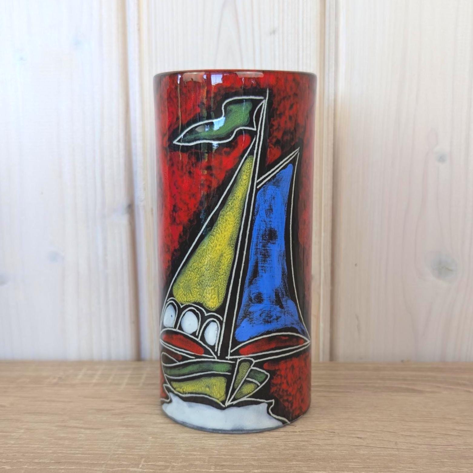 Maltese hand painted ceramic vase, sailboat motif, 1960s, choose blue or red