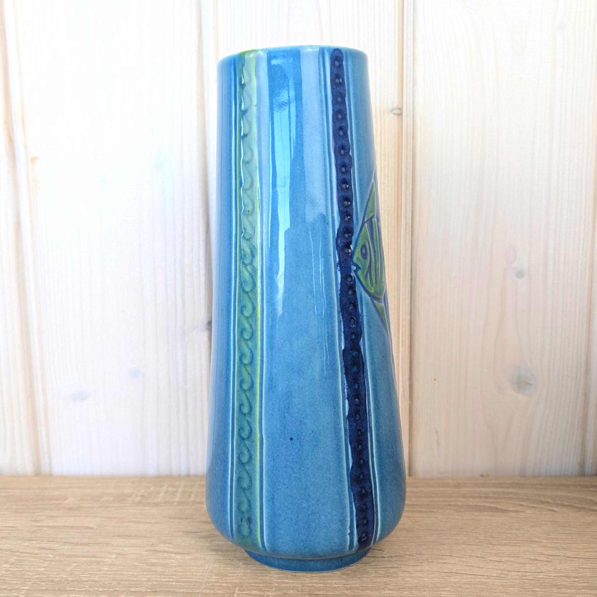 Maltese relief ceramic vase, fish motif, blue green glaze, 1960s, model 507