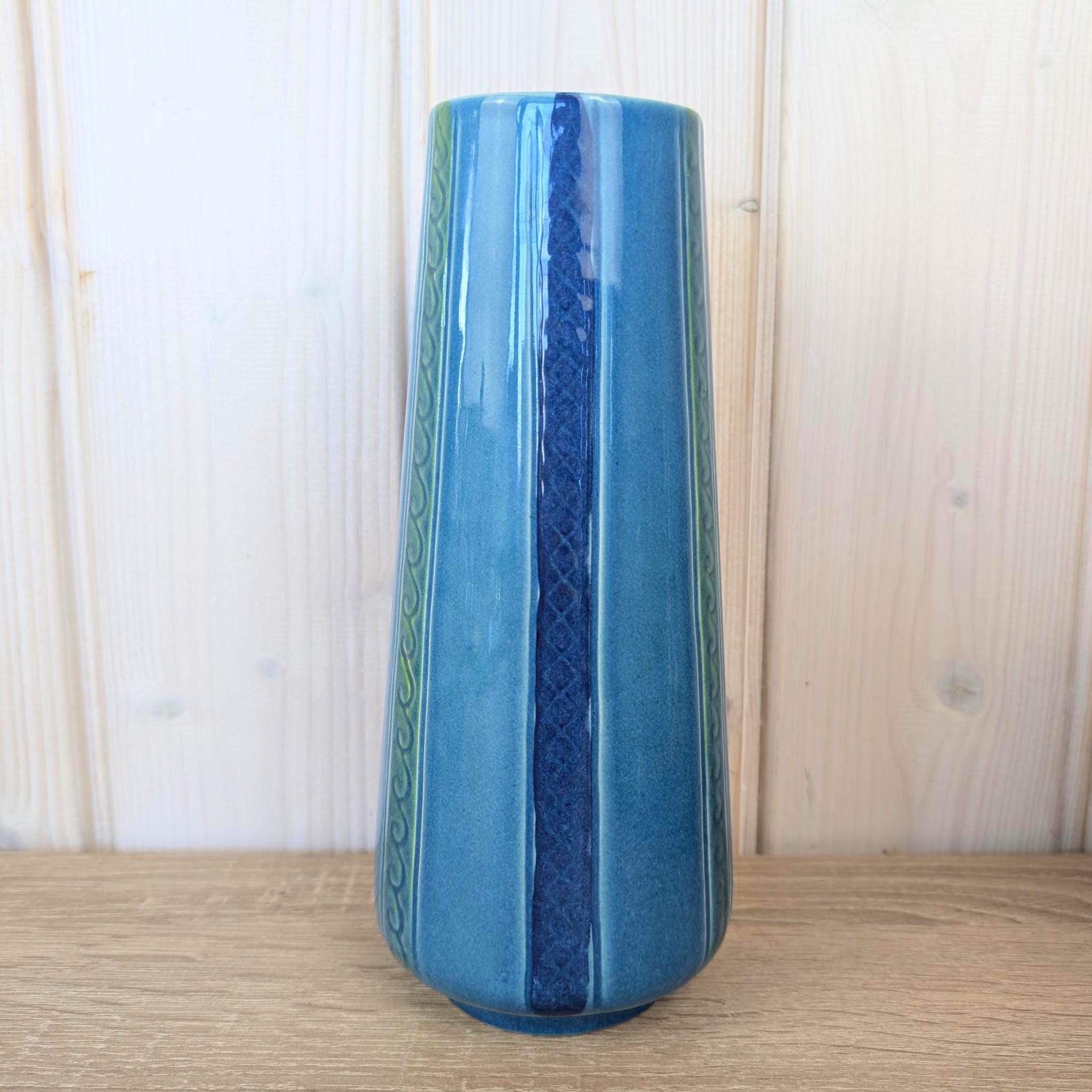 Maltese relief ceramic vase, fish motif, blue green glaze, 1960s, model 507
