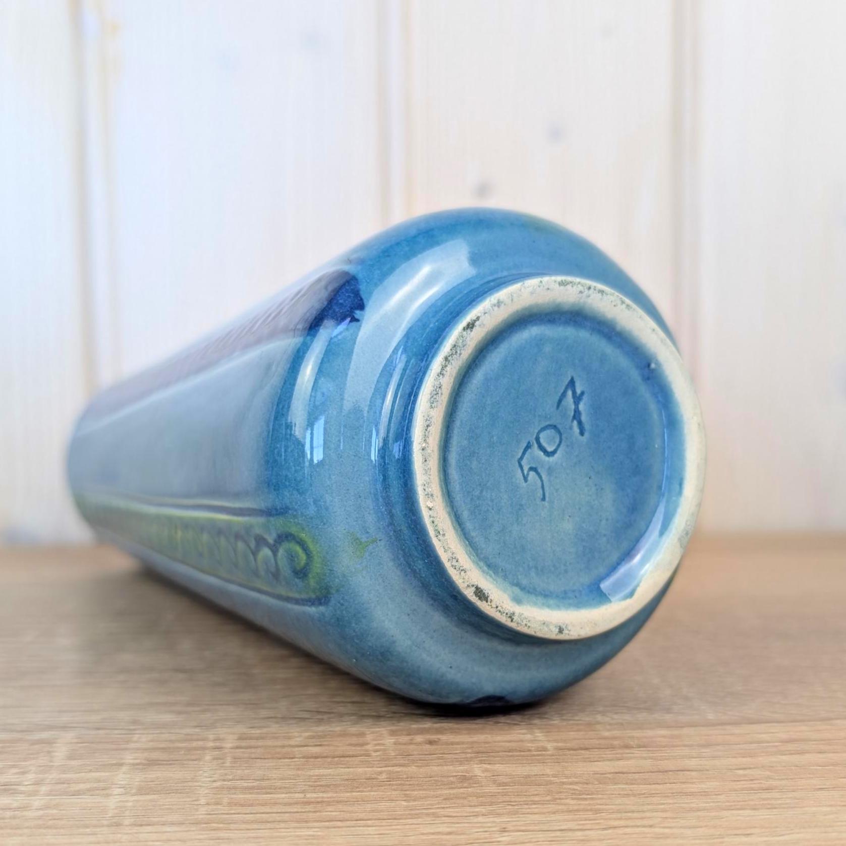 Maltese relief ceramic vase, fish motif, blue green glaze, 1960s, model 507