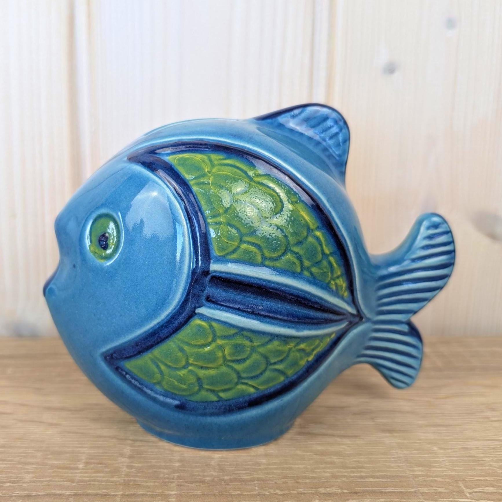 Maltese ceramic fish money bank, blue green glaze, relief scales, 1960s, coin slot