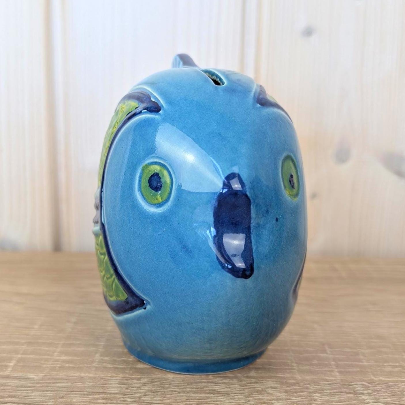 Maltese ceramic fish money bank, blue green glaze, relief scales, 1960s, coin slot