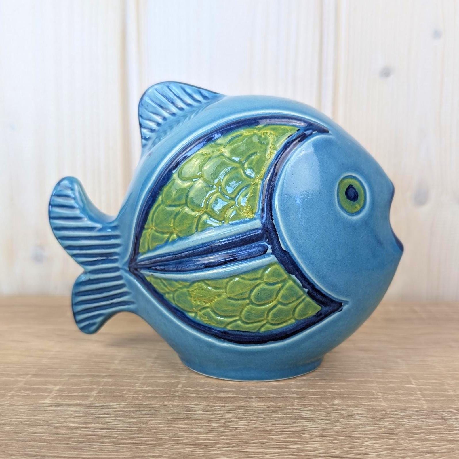 Maltese ceramic fish money bank, blue green glaze, relief scales, 1960s, coin slot
