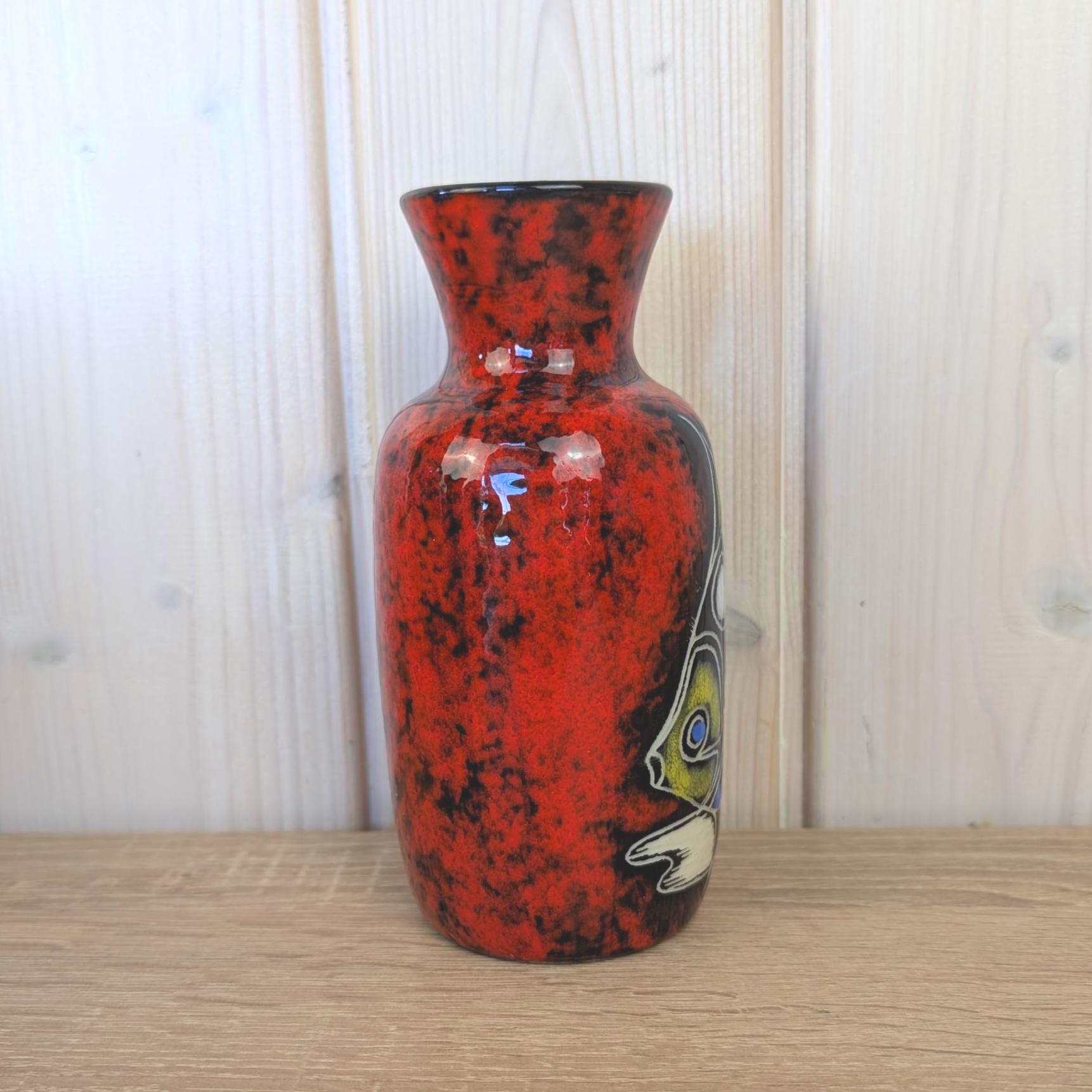 Maltese hand painted ceramic vase, fish motif, red black glaze, 1960s, model 815