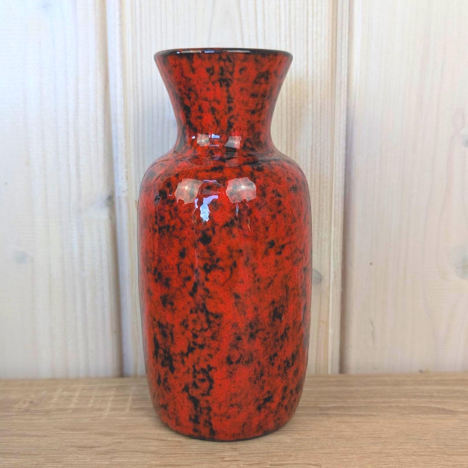 Maltese hand painted ceramic vase, fish motif, red black glaze, 1960s, model 815