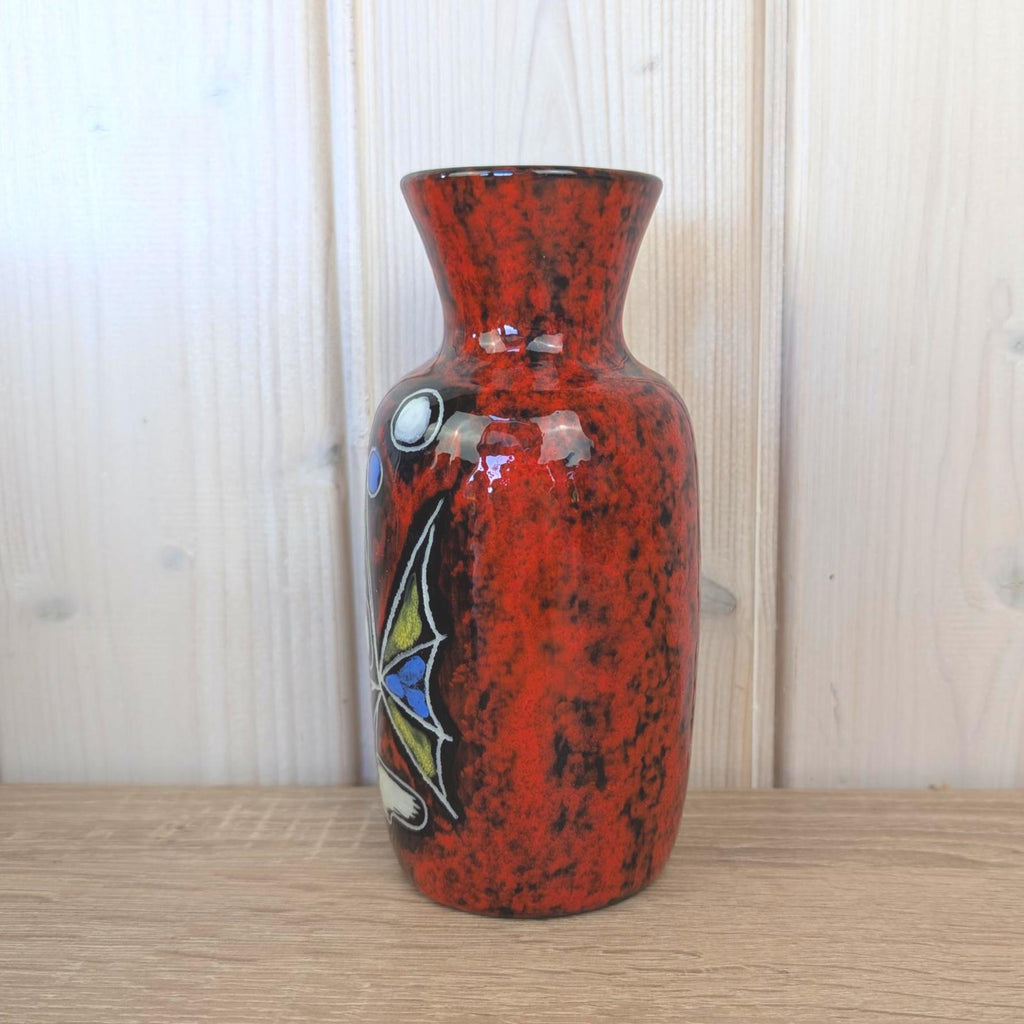 Maltese hand painted ceramic vase, fish motif, red black glaze, 1960s, model 815