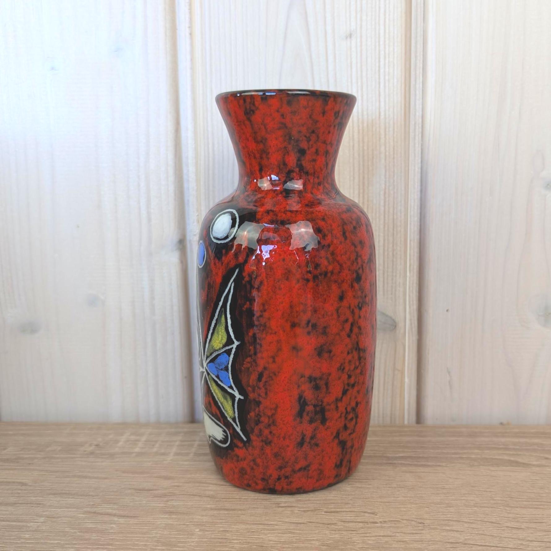 Maltese hand painted ceramic vase, fish motif, red black glaze, 1960s, model 815