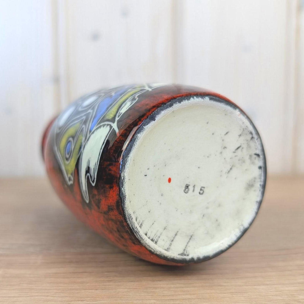 Maltese hand painted ceramic vase, fish motif, red black glaze, 1960s, model 815