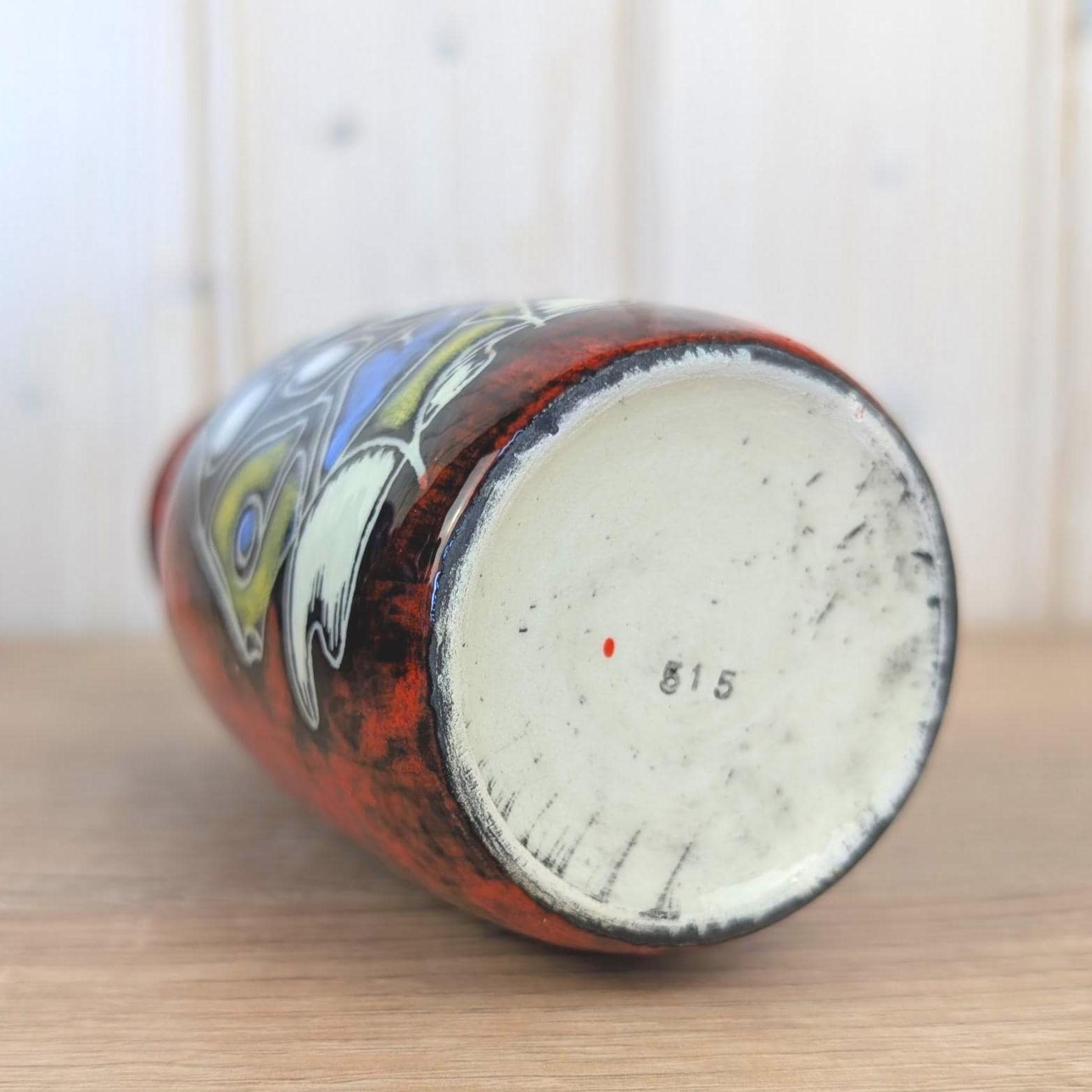 Maltese hand painted ceramic vase, fish motif, red black glaze, 1960s, model 815