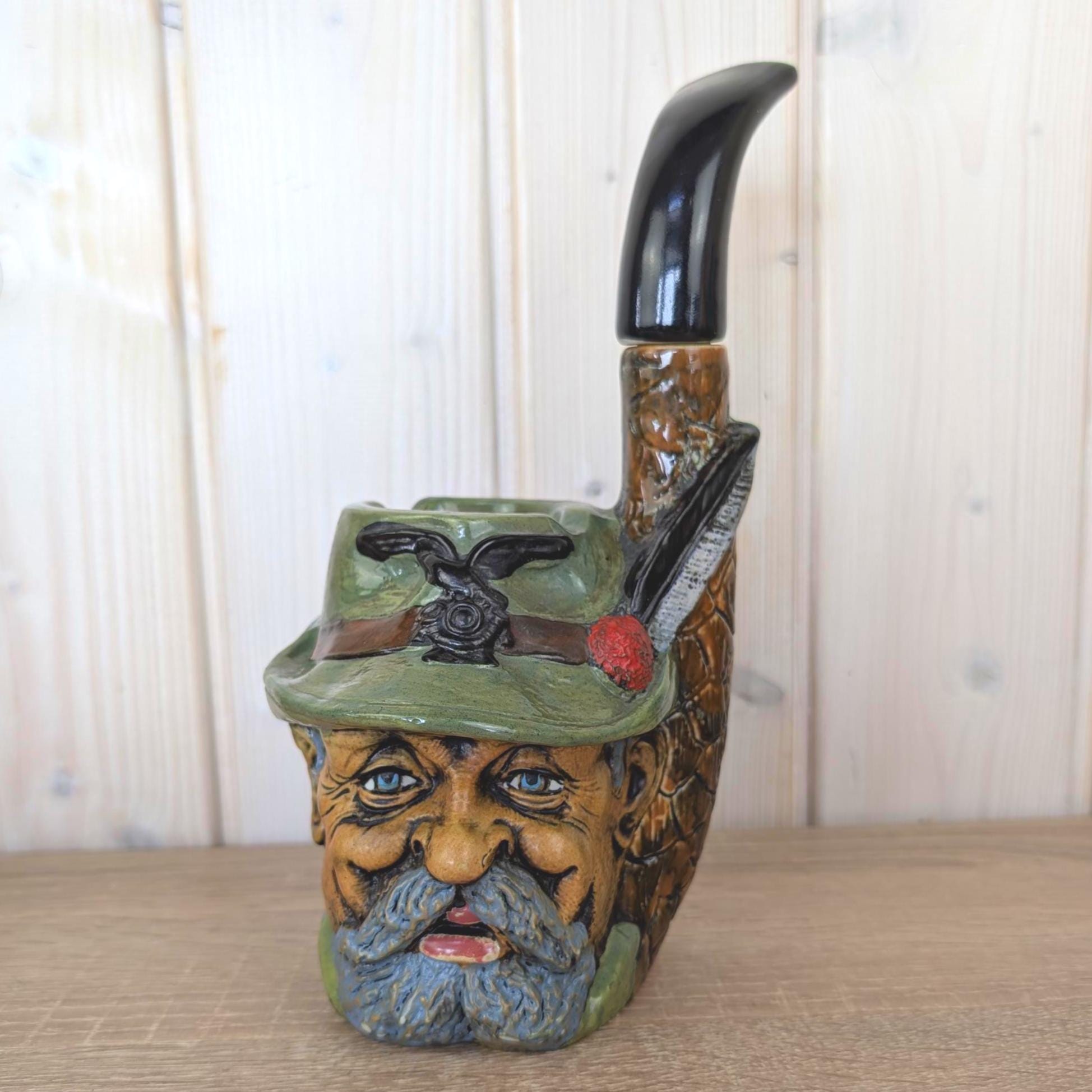 Ceramic Pipe Schnapps Bottle, Tyrolean Hunter Face, Ashtray Top, Folk Art Decanter, German Alpine, 1960s