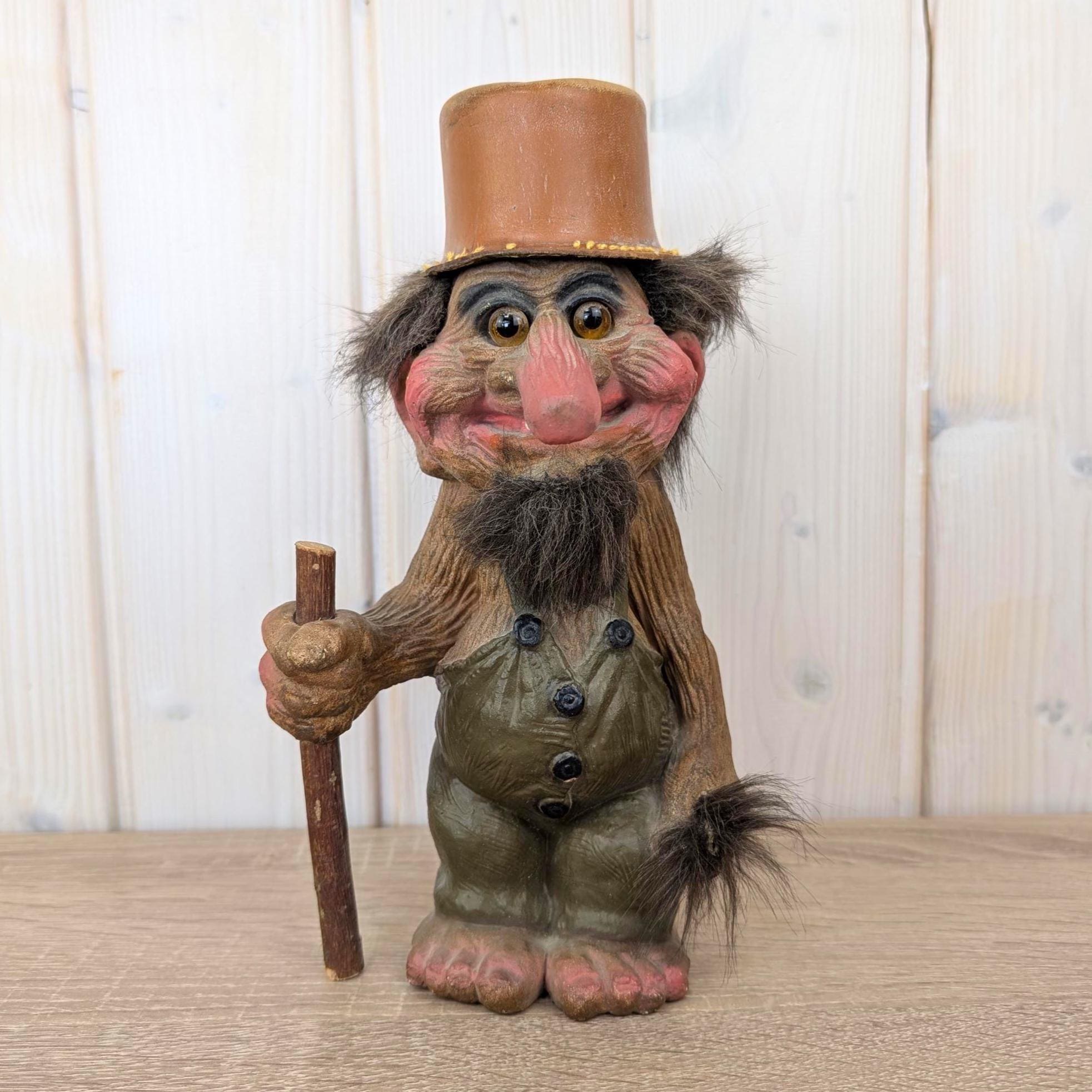 Nyform troll 111, Norway, vintage figurine, walking stick, real fur, 1980s