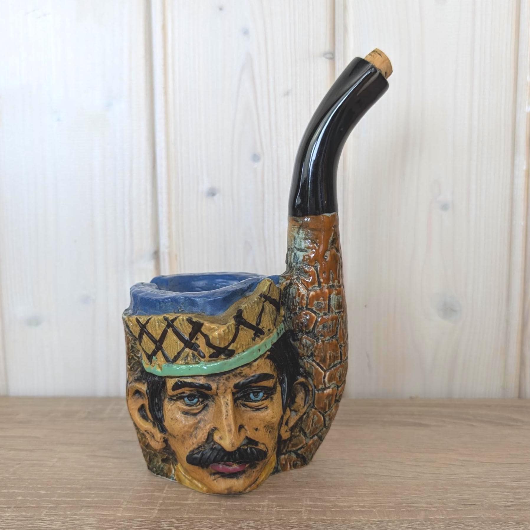 Ceramic Pipe Schnapps Bottle, Austrian Folk Art, Ashtray Top, Mustachioed Man Face, Alpine Decanter, 1960s