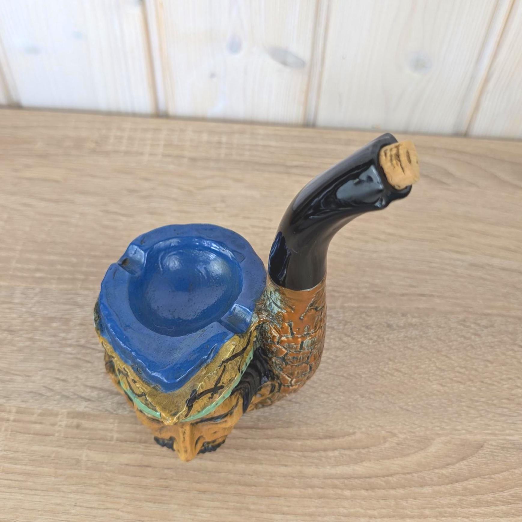 Ceramic Pipe Schnapps Bottle, Austrian Folk Art, Ashtray Top, Mustachioed Man Face, Alpine Decanter, 1960s