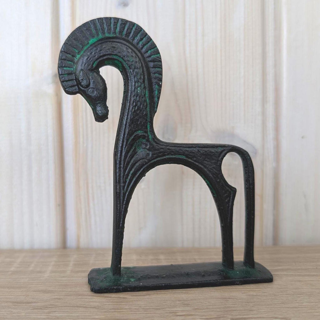 Greek Archaic Horse Sculpture, Cast Metal Verdigris Patina, Antiquity Replica, Mid Century Modern Figurine, 1960s