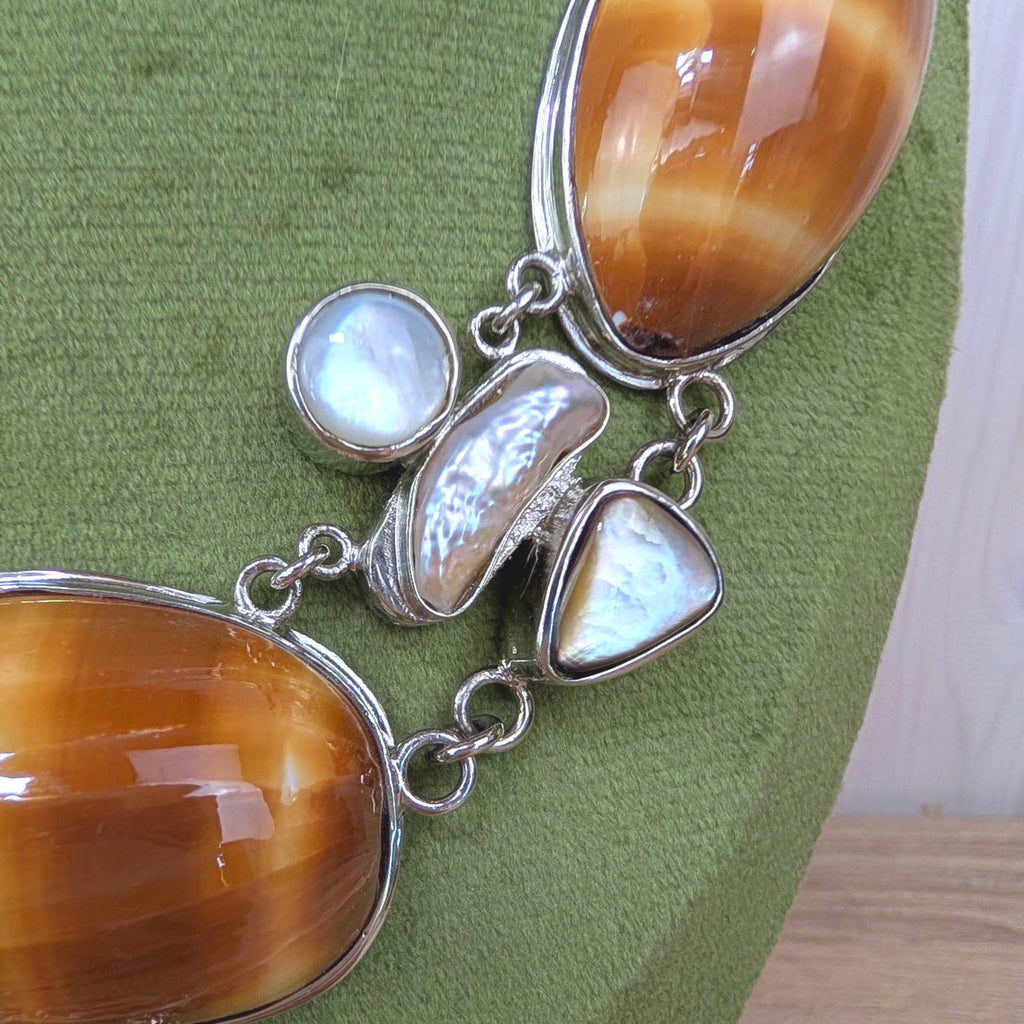 Vintage statement necklace, shell cabochon, baroque pearl, silver tone, 1990s