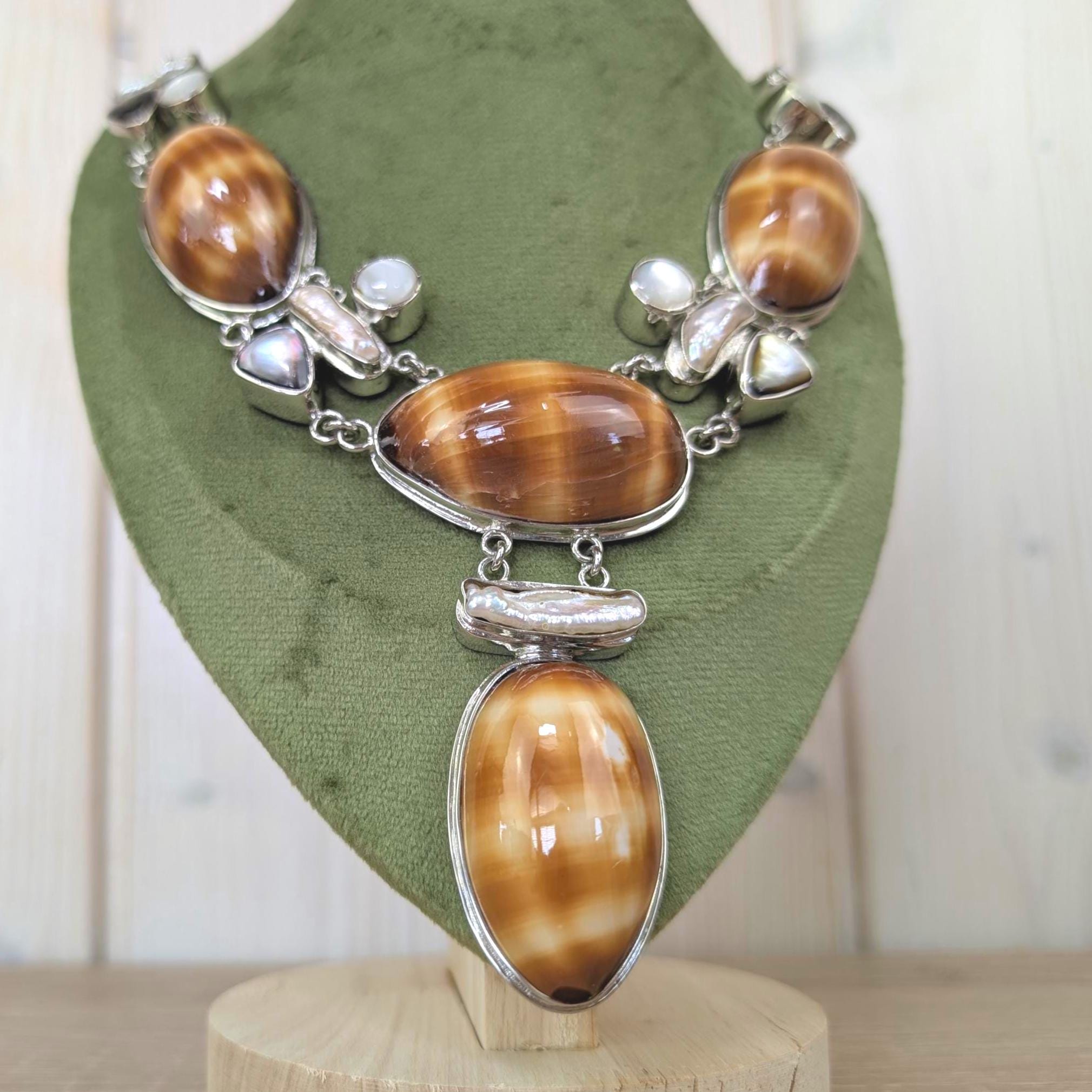 Vintage statement necklace, shell cabochon, baroque pearl, silver tone, 1990s
