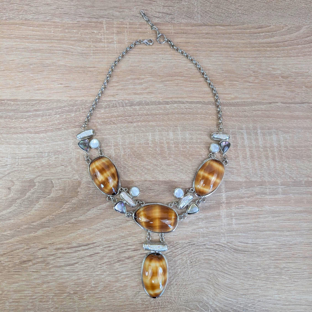 Vintage statement necklace, shell cabochon, baroque pearl, silver tone, 1990s