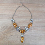 Vintage statement necklace, shell cabochon, baroque pearl, silver tone, 1990s
