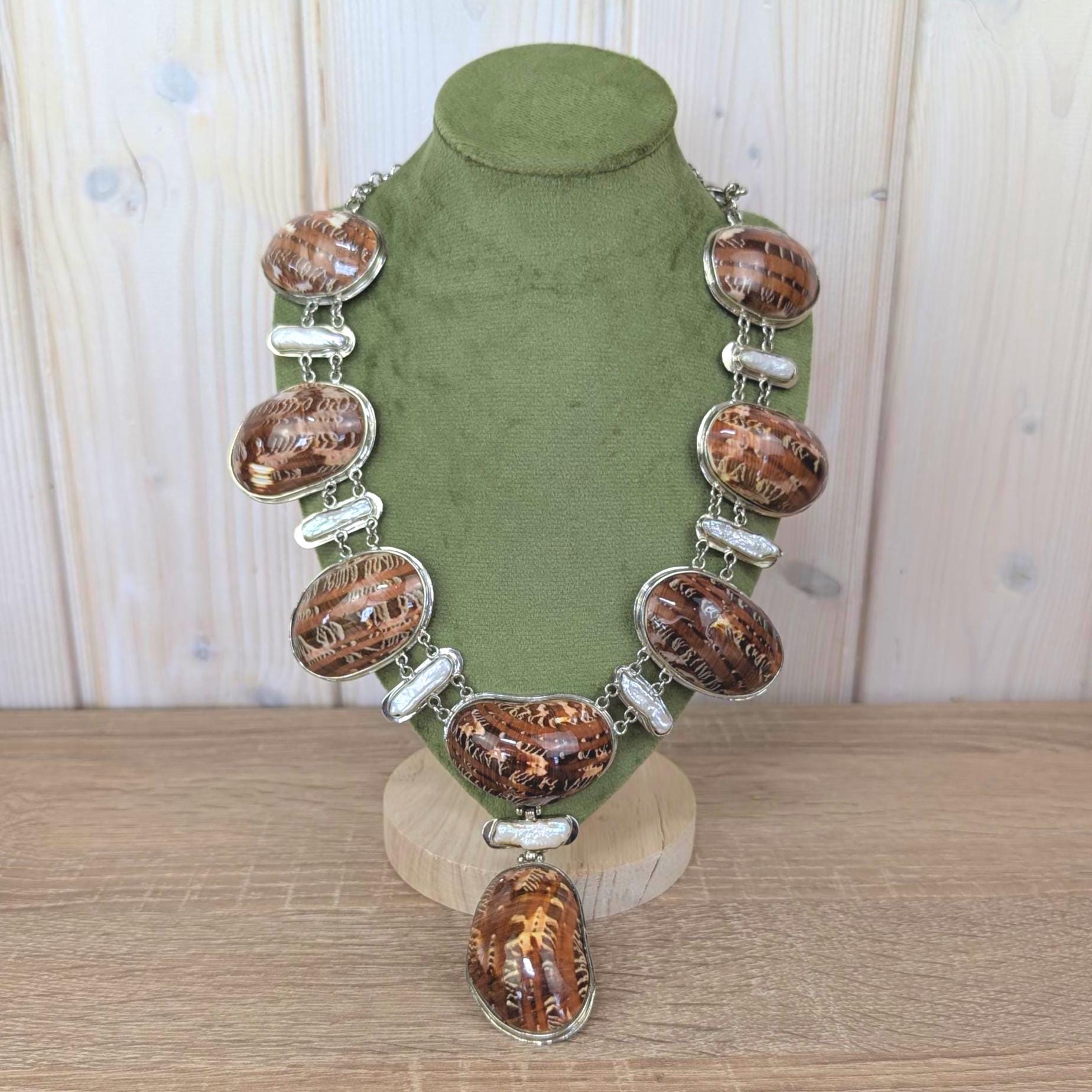 Vintage statement necklace, cone shell cabochon, baroque pearl, silver tone, 1990s