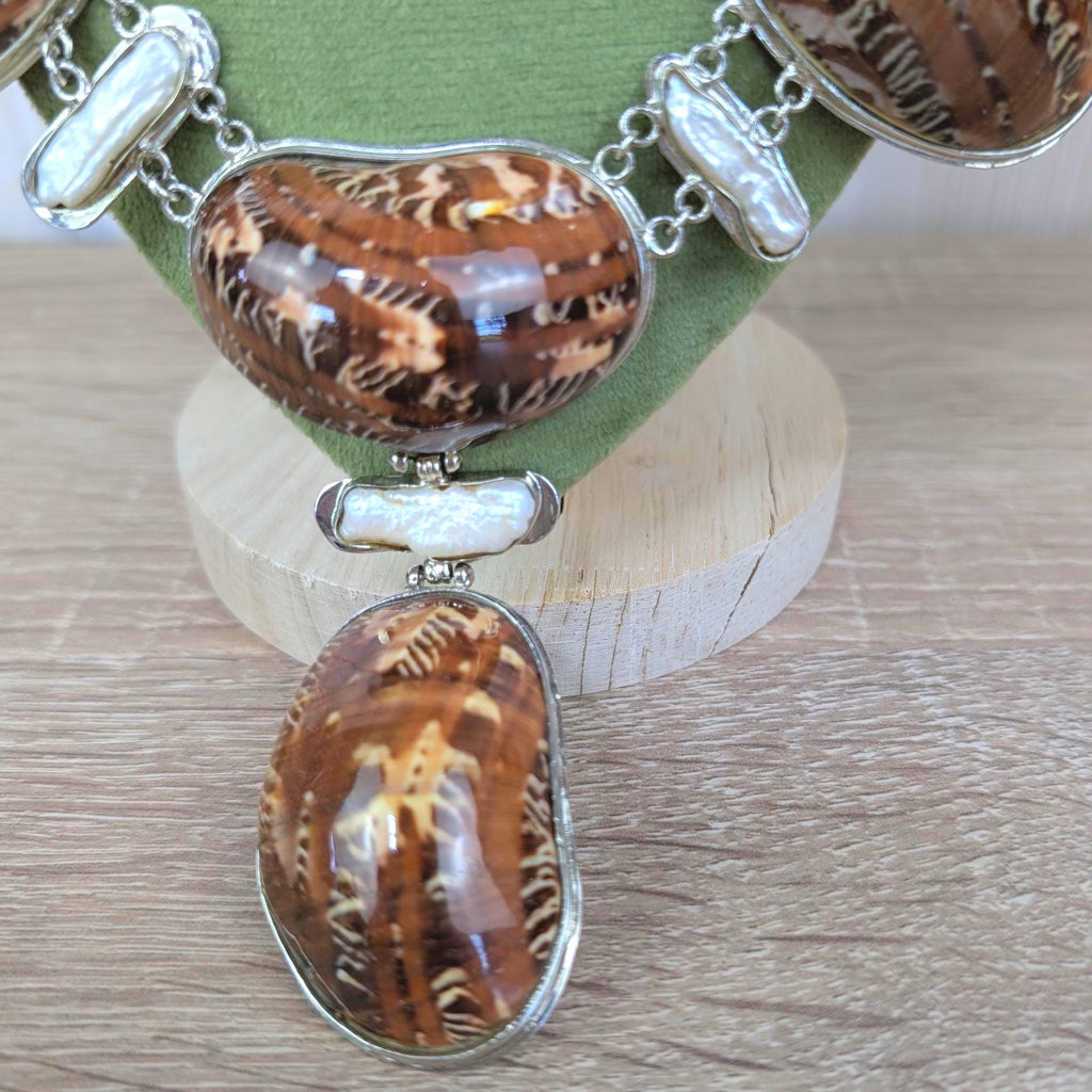 Vintage statement necklace, cone shell cabochon, baroque pearl, silver tone, 1990s