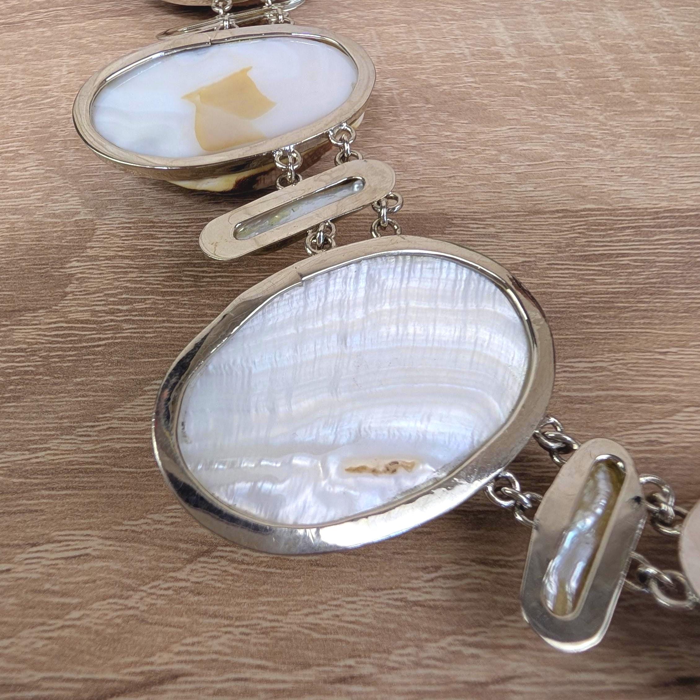 Vintage statement necklace, cone shell cabochon, baroque pearl, silver tone, 1990s