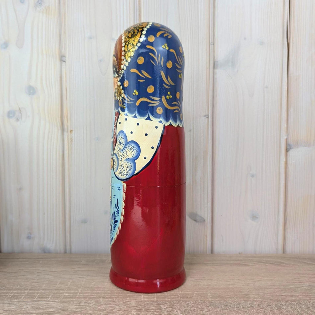 Russian matryoshka bottle holder, hand painted, blue gold, Gzhel style, Soviet era