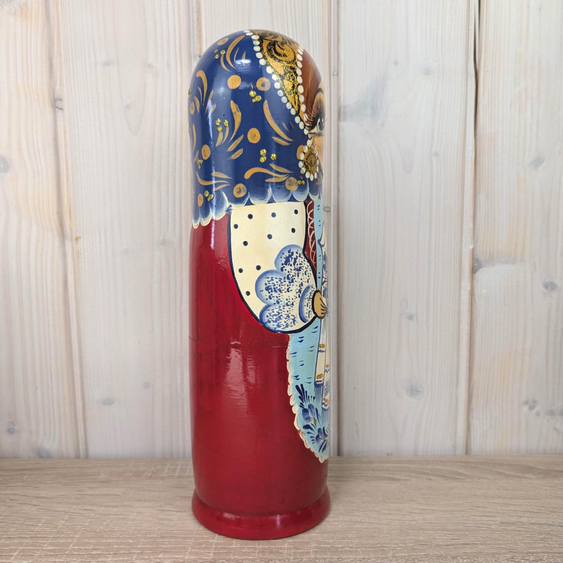 Russian matryoshka bottle holder, hand painted, blue gold, Gzhel style, Soviet era