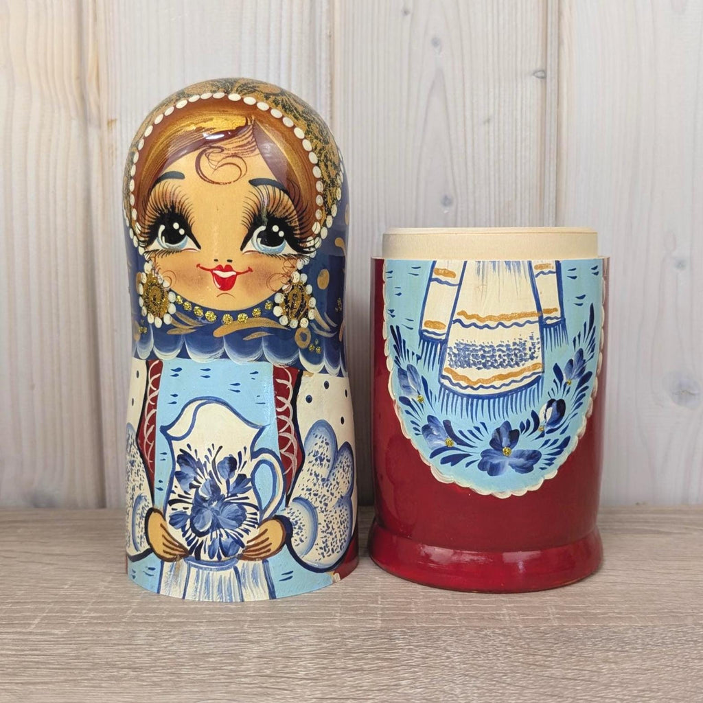 Russian matryoshka bottle holder, hand painted, blue gold, Gzhel style, Soviet era