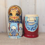 Russian matryoshka bottle holder, hand painted, blue gold, Gzhel style, Soviet era